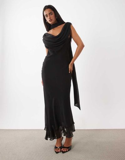 ASOS DESIGN ASOS DESIGN draped off shoulder scarf detail double layer maxi dress in black