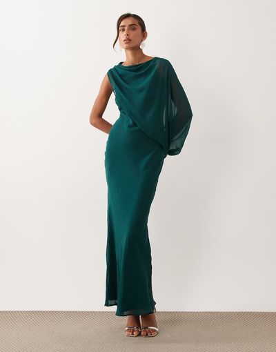 ASOS DESIGN ASOS DESIGN draped one sleeve bias maxi dress in teal-Red