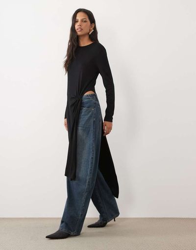 ASOS DESIGN ASOS DESIGN Draped side knotted long sleeve top in black