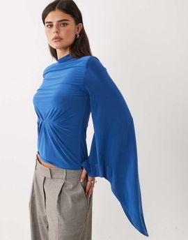 ASOS DESIGN ASOS DESIGN draped sleeve high neck detailed blouse in blue