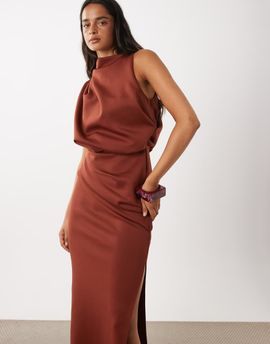 ASOS DESIGN ASOS DESIGN draped structured midi dress with split in brown scuba-style fabric-Black
