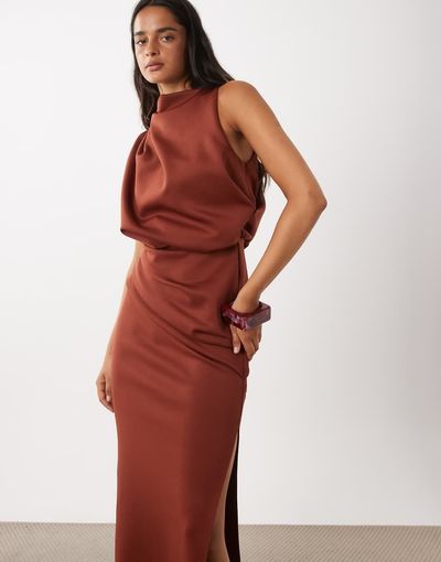 ASOS DESIGN ASOS DESIGN draped structured midi dress with split in brown scuba-style fabric-Black