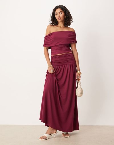 ASOS DESIGN ASOS DESIGN drop waist ruched maxi skirt in berry - part of a set-Purple