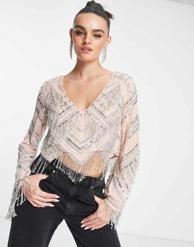 ASOS DESIGN ASOS DESIGN embellished long sleeve festival top with fringe detail in peach-Orange