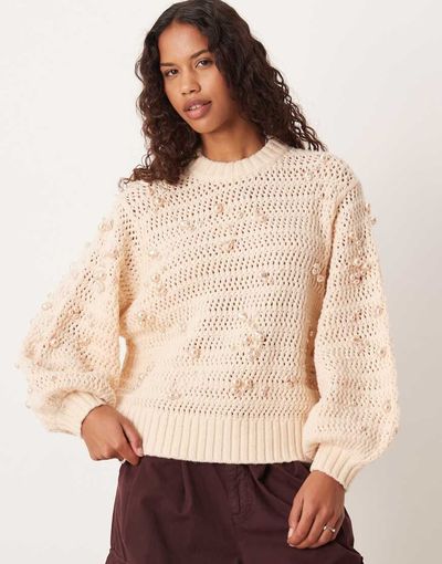 ASOS DESIGN ASOS DESIGN embellished oversized sweater in pretty stitching-White