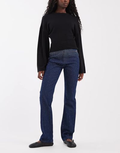 ASOS DESIGN ASOS DESIGN embellished waistband jeans in rinse wash-Navy