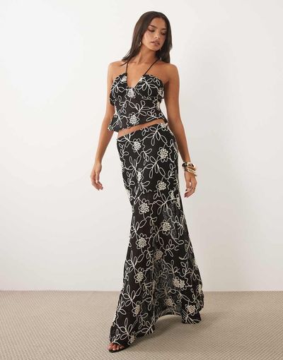 ASOS DESIGN ASOS DESIGN embroidered crochet maxi skirt in mono - part of a set-Multi