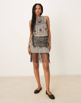 ASOS DESIGN ASOS DESIGN embroidered mesh fringed skirt in black and white - part of a set-Multi