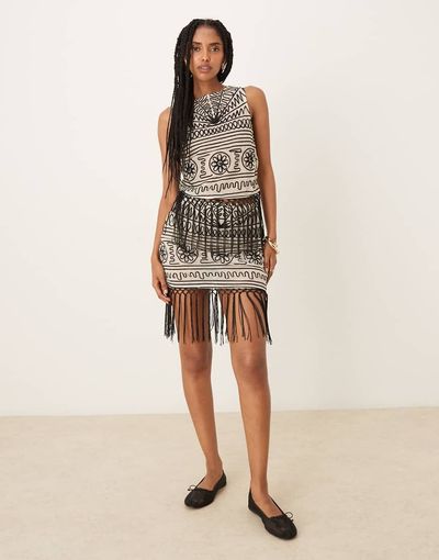 ASOS DESIGN ASOS DESIGN embroidered mesh fringed skirt in black and white - part of a set-Multi