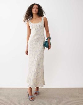 ASOS DESIGN ASOS DESIGN embroidered midi slip dress in ecru with blue floral print-White