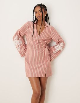 ASOS DESIGN ASOS DESIGN embroidered wrap shirt mini dress with wide cuff in stripe-Multi