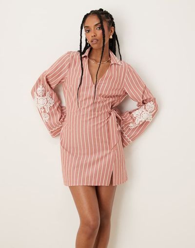 ASOS DESIGN ASOS DESIGN embroidered wrap shirt mini dress with wide cuff in stripe-Multi