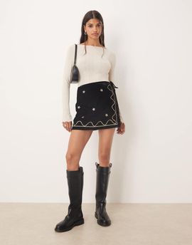 ASOS DESIGN ASOS DESIGN embroidery detailing velvet wrap mini skirt-Black
