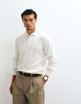 ASOS DESIGN ASOS DESIGN Essential knit lightweight quarter zip polo shirt in ecru-White