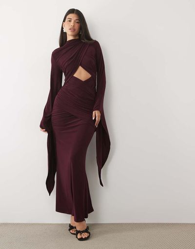 ASOS DESIGN ASOS DESIGN exaggerated sleeve cross neck maxi dress in plum-PURPLE