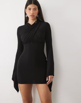 ASOS DESIGN ASOS DESIGN exaggerated sleeve high neck cross neck mini dress in black