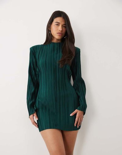 ASOS DESIGN ASOS DESIGN exaggerated sleeves plissé mini dress in emerald green