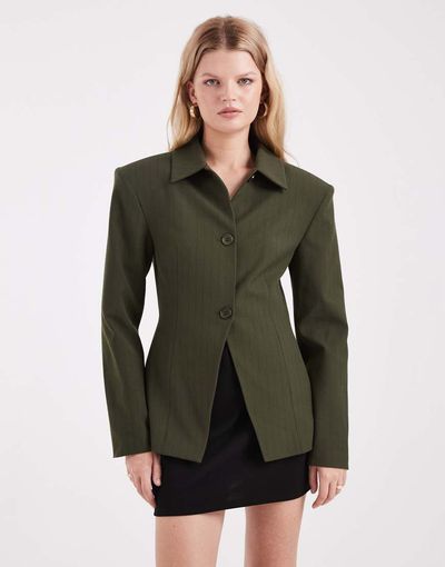 ASOS DESIGN ASOS DESIGN extreme shoulder collar detail blazer in olive pinstripe-Green