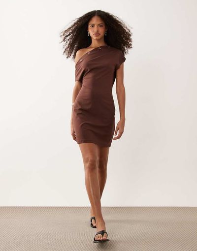 ASOS DESIGN ASOS DESIGN eyelet detail off the shoulder mini dress in brown