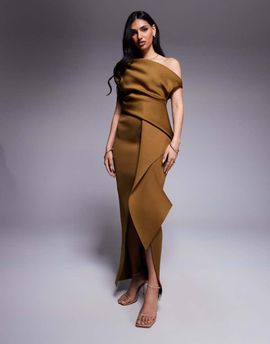 ASOS DESIGN ASOS DESIGN fallen shoulder manipulated fold midi dress in bronze in scuba-style fabric-Brown