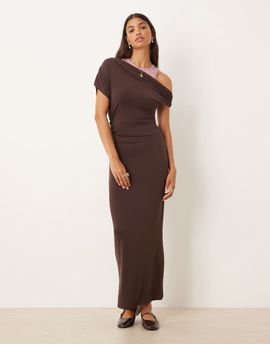 ASOS DESIGN ASOS DESIGN fallen shoulder midi dress with racer neck under layer in chocolate and pink-Multi