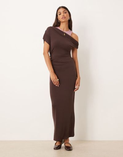 ASOS DESIGN ASOS DESIGN fallen shoulder midi dress with racer neck under layer in chocolate and pink-Multi