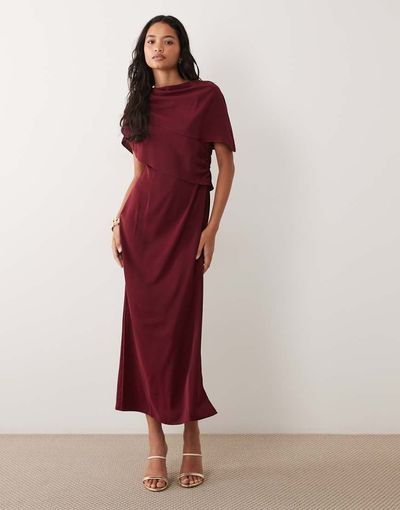 ASOS DESIGN ASOS DESIGN fallen shoulder slinky midi dress in burgundy-Red