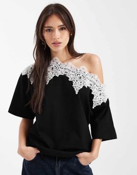 ASOS DESIGN ASOS DESIGN fallen shoulder with lace trim top-Black