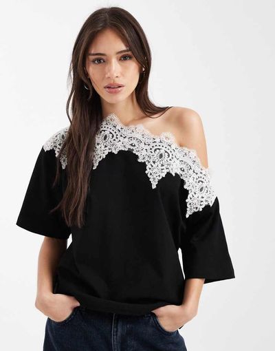 ASOS DESIGN ASOS DESIGN fallen shoulder with lace trim top-Black
