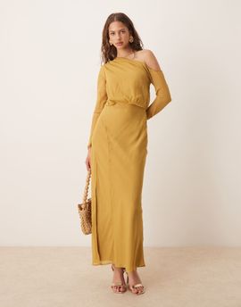 ASOS DESIGN ASOS DESIGN fallen shoulders midi dress with seaming details and tie belt in mustard gold-Yellow