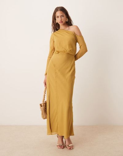 ASOS DESIGN ASOS DESIGN fallen shoulders midi dress with seaming details and tie belt in mustard gold-Yellow