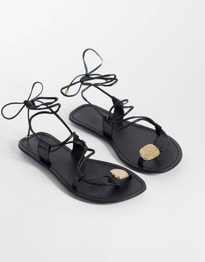 ASOS DESIGN ASOS DESIGN Fantasy premium skinny strap sandals with nuggets in black leather