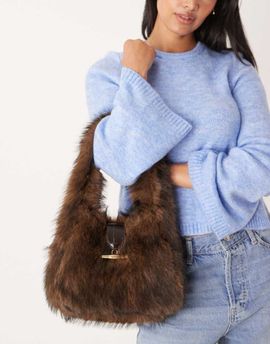 ASOS DESIGN ASOS DESIGN faux fur tote bag with metal hardware detail in dark brown-Navy