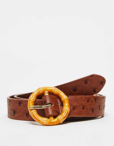 ASOS DESIGN ASOS DESIGN faux leather belt in ostrich skin texture with wooden buckle-Brown