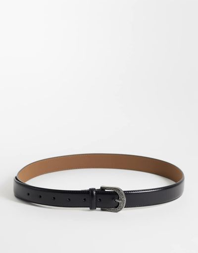 ASOS DESIGN ASOS DESIGN faux leather belt with western pattern buckle and stitch edge in black