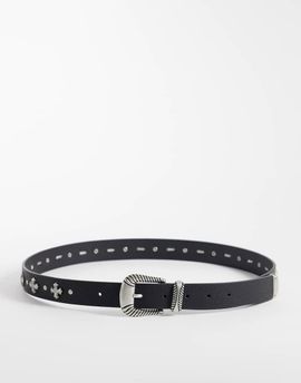 ASOS DESIGN ASOS DESIGN faux leather cross studded belt with western textured buckle in black