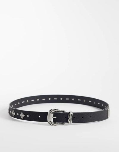 ASOS DESIGN ASOS DESIGN faux leather cross studded belt with western textured buckle in black