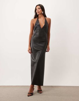 ASOS DESIGN ASOS DESIGN faux leather deep plunge maxi dress in black
