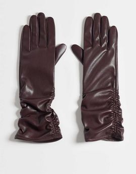 ASOS DESIGN ASOS DESIGN faux leather long gloves with ruched detail in burgundy-RED