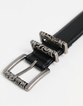 ASOS DESIGN ASOS DESIGN faux leather pebbled belt with engraved burnished buckles in black