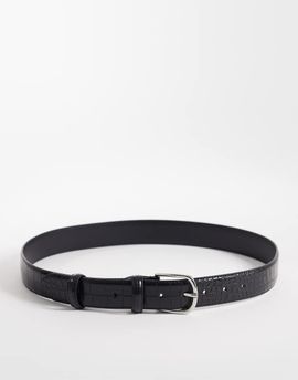 ASOS DESIGN ASOS DESIGN faux leather skinny croc texture belt with rounded silver buckle in black