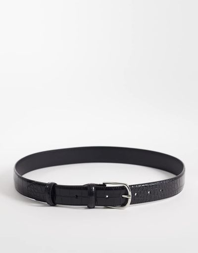 ASOS DESIGN ASOS DESIGN faux leather skinny croc texture belt with rounded silver buckle in black