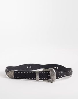 ASOS DESIGN ASOS DESIGN faux leather studded western belt with engraved-texture silver-tone buckle in black