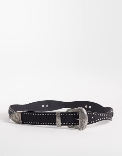 ASOS DESIGN ASOS DESIGN faux leather studded western belt with engraved-texture silver-tone buckle in black