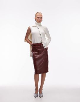 ASOS DESIGN ASOS DESIGN faux leather waistband pocket detail midi skirt in burgundy-Red