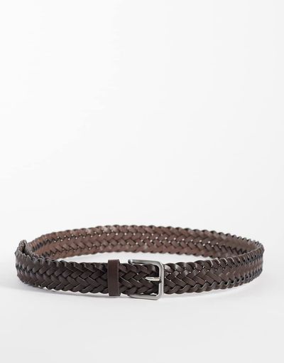 ASOS DESIGN ASOS DESIGN faux leather woven belt with brushed silver buckle in brown