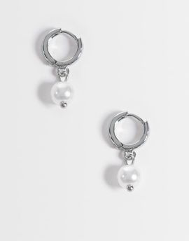 ASOS DESIGN ASOS DESIGN faux pearl drop huggie hoop earrings in silver tone