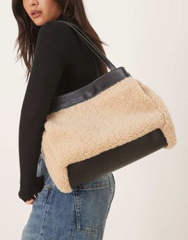 ASOS DESIGN ASOS DESIGN faux shearling tote with contrast panel in oatmeal-Neutral