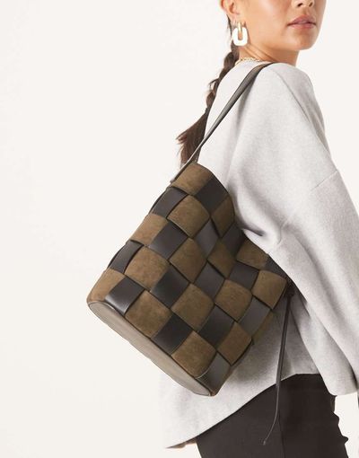 ASOS DESIGN ASOS DESIGN faux suede and faux leather weave bucket tote bag in khaki-Green