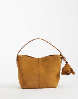 ASOS DESIGN ASOS DESIGN faux suede grab bag in tan with detachable cross body strap with floral bag charm-Brown